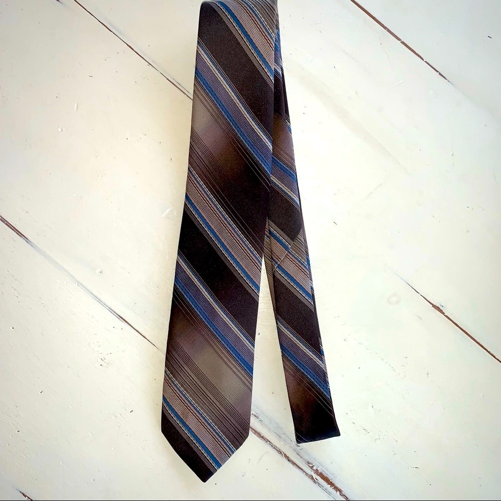 Vintage 70s AMBASSADOR Retro Brown and Blue Striped Polyester Tie